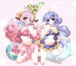  2girls :d ahoge animal_ears bare_legs bare_shoulders barefoot big_hair bikini blue_eyes blush breasts chino_machiko cleavage curled_horns eyebrows_visible_through_hair glint hands_up horns innertube kneeling large_breasts long_hair looking_at_viewer multiple_girls navel one_eye_closed open_mouth parted_lips pink_hair purple_bikini purple_hair round_teeth show_by_rock!! smile swimsuit teeth very_long_hair violet_eyes water_gun wristband 