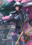  2girls animal_print arm_at_side bangs black_hair black_jacket blue_bodysuit bodysuit bunny_print closed_mouth d.va_(overwatch) dirty_face gloves hat headphones headphones_around_neck highres holding holding_weapon holding_wrench jacket long_sleeves looking_at_viewer meka_(overwatch) multiple_girls overwatch partially_unzipped raikoart red_lips shaded_face signature smile solo_focus standing watermark weapon white_gloves white_hat 
