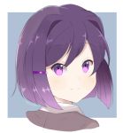  1girl alternate_hair_length alternate_hairstyle artist_name chocomiru commentary doki_doki_literature_club english_commentary eyes_visible_through_hair from_behind hair_ornament hairclip looking_at_viewer looking_back medium_hair portrait purple purple_hair simple_background smile solo yuri_(doki_doki_literature_club) 