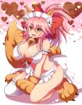  1girl afuro animal_ears apron asymmetrical_legwear bell bell_collar breasts cat_hair_ornament cat_paws collar fangs fate/grand_order fate_(series) fox_ears fox_tail gloves hair_ornament hair_ribbon heart jingle_bell long_hair looking_at_viewer maid_headdress open_mouth paw_gloves paw_shoes paws pink_hair red_ribbon ribbon shoes solo tail tamamo_(fate)_(all) tamamo_cat_(fate) white_legwear yellow_eyes 