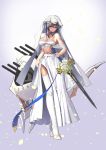  1girl azur_lane bangs blue_ribbon bouquet breasts bridal_veil cannon closed_mouth crossed_legs dress flower full_body gradient gradient_background grey_hair hair_between_eyes hair_ornament head_tilt high_heels highres holding holding_sword holding_weapon itaco1987 lace lace-trimmed_thighhighs large_breasts legs_crossed long_hair looking_at_viewer machinery mole mole_under_eye petals red_eyes ribbon rigging rose saint-louis_(azur_lane) see-through shawl sideboob sidelocks simple_background skindentation smile solo standing sword thigh-highs transparent turret veil watson_cross weapon wedding_dress white_dress white_flower white_footwear white_legwear white_rose 