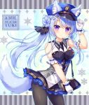  1girl ameto_yuki animal_ears arm_up artist_name bag bangs bare_shoulders between_breasts black_legwear black_ribbon black_shirt black_skirt blue_hair blue_hat breasts commentary_request contrapposto english eyebrows_visible_through_hair fox_ears fox_girl fox_tail gloves hair_between_eyes hair_bun hair_ribbon hand_on_headwear hat highres long_hair medium_breasts original pantyhose peaked_cap pleated_skirt ribbon shirt shoulder_bag side_bun skirt sleeveless sleeveless_shirt snowflakes solo standing strap_cleavage tail underbust uniform very_long_hair violet_eyes white_gloves 