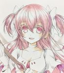  1girl artist_name bow breasts choker cleavage collarbone eyebrows_visible_through_hair gloves goddess_madoka highres kaname_madoka long_hair mahou_shoujo_madoka_magica misteor pink_eyes pink_hair solo traditional_media twintails upper_body white_gloves white_hair 