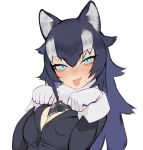  1girl :p animal_ears black_hair blue_eyes blush breasts error eyebrows_visible_through_hair fur_collar gloves grey_wolf_(kemono_friends) hair_between_eyes juz kemono_friends large_breasts long_hair multicolored_hair paw_pose simple_background solo tongue tongue_out two-tone_hair upper_body v-shaped_eyebrows white_background white_gloves white_hair wolf_ears 