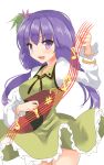  1girl bangs beamed_eighth_notes biwa_lute blush dress eighth_note eyebrows_visible_through_hair flower frills fujiko_(emnprmn) green_dress hair_between_eyes hair_flower hair_ornament highres instrument lavender_hair long_hair long_sleeves looking_at_viewer low_twintails lute_(instrument) music musical_note open_mouth playing_instrument simple_background smile solo touhou tsukumo_benben twintails violet_eyes white_background 