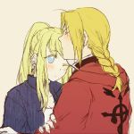  1boy 1girl ;| antenna_hair bangs blonde_hair blue_eyes blush braid close-up coat earrings edward_elric empty_eyes expressionless eyebrows_visible_through_hair eyelashes facing_away fingernails flamel_symbol forehead_kiss frown fullmetal_alchemist hand_on_another&#039;s_arm height_difference jewelry kiss looking_away nervous one_eye_closed pink_background ponytail red_coat shirt simple_background sweatdrop tsukuda0310 upper_body white_shirt winry_rockbell 