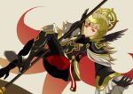  1girl armor armored_boots black_armor black_gloves boots closed_mouth crown fire_emblem fire_emblem_heroes gloves grey_background grey_hair hair_ornament holding holding_staff long_hair long_sleeves red_eyes renkonmatsuri shoulder_armor simple_background solo staff veronica_(fire_emblem) 