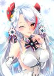  1girl alternate_costume antenna_hair armpits aruto_(shake_onigiri) azur_lane bangs blush breasts bridal_gauntlets bridal_veil brown_eyes dress eyebrows_visible_through_hair finger_to_mouth gloves hair_between_eyes headgear highres iron_cross large_breasts long_hair looking_at_viewer mole mole_on_breast multicolored_hair one_eye_closed parted_lips petals prinz_eugen_(azur_lane) redhead sapphire_(stone) see-through sideboob sidelocks silver_hair simple_background smile solo streaked_hair two_side_up upper_body veil very_long_hair white_background white_dress white_gloves 