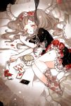  1girl bed black_dress card chino_machiko closed_eyes closed_mouth dress floral_print flower ghost legs_together light_brown_hair lying on_bed on_side original puffy_short_sleeves puffy_sleeves red_flower red_rose rose short_sleeves sleeping socks solo twintails white_flower white_rose 