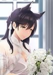  1girl animal_ears atago_(azur_lane) azur_lane bangs black_hair blush bouquet breasts brown_eyes cleavage closed_mouth curtains day detached_sleeves dress extra_ears eyebrows_visible_through_hair flower hair_ribbon holding holding_bouquet indoors large_breasts long_hair looking_at_hands mole mole_under_eye moroheiya_(user_harz4842) ribbon sidelocks smile solo swept_bangs upper_body wedding_dress white_dress window 