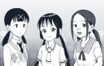  3girls :3 akim_x asobi_asobase bangs black_hair blush breasts chio-chan_no_tsuugakuro circle collarbone crossover expressionless flat_chest gradient gradient_background hair_ornament honda_hanako itou_(watashi_ga_motenai_no_wa_dou_kangaetemo_omaera_ga_warui!) long_sleeves low_twintails medium_breasts monochrome multiple_girls necktie nonomura_manana sailor_collar school_uniform serafuku shiny shiny_hair shirt short_sleeves sidelocks simple_background trait_connection twintails upper_body vest watashi_ga_motenai_no_wa_dou_kangaetemo_omaera_ga_warui! white_shirt x_hair_ornament 