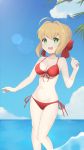  1girl :d ahoge artist_name bare_arms bare_shoulders bikini blonde_hair blue_sky braid breasts chocomiru cleavage clouds commentary crown_braid day english_commentary eyebrows_visible_through_hair fate/extra fate/grand_order fate_(series) green_eyes highres lens_flare looking_at_viewer medium_breasts navel nero_claudius_(fate) nero_claudius_(fate)_(all) open_mouth outdoors red_bikini saber_extra side-tie_bikini sky smile solo stomach swimsuit water 