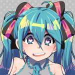  1girl aqua_eyes aqua_hair bare_shoulders blush ears_through_headwear eyebrows_visible_through_hair hair_between_eyes hatsune_miku heart heart-shaped_pupils lowres nashirasauce necktie polka_dot smile solo symbol-shaped_pupils twintails upper_body vocaloid 