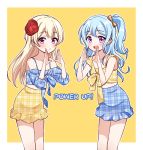  2girls :d bang_dream! bangs blonde_hair blue_hair blue_shirt blue_skirt blush bow brown_bow collarbone deadnooodles english eyebrows_visible_through_hair flower hair_bow hair_flower hair_ornament hair_ribbon half_updo hands_up highres long_hair looking_at_viewer matsubara_kanon multiple_girls one_side_up open_mouth outline plaid plaid_bow plaid_shirt plaid_skirt red_flower ribbon round_teeth shirasagi_chisato shirt skirt smile teeth tied_shirt upper_teeth violet_eyes white_outline white_ribbon yellow_background yellow_shirt yellow_skirt 