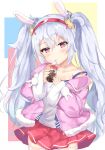  1girl absurdres animal_ears azur_lane bangs bare_shoulders blush bottle breasts camisole coke coke_bottle collarbone commentary_request cowboy_shot eyebrows_visible_through_hair hair_between_eyes hair_ornament hairband head_tilt highres holding holding_bottle jacket laffey_(azur_lane) lisu long_hair long_sleeves off_shoulder open_clothes open_jacket parted_lips pink_jacket pleated_skirt rabbit_ears red_eyes red_hairband red_skirt silver_hair skirt sleeves_past_wrists small_breasts solo strap_slip thigh-highs twintails very_long_hair white_camisole white_legwear wide_sleeves 