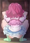  1girl blue_skirt frilled_skirt frills from_behind haruyama_kazunori hugtto!_precure nono_hana panties pantyshot pantyshot_(squatting) pink_hair precure short_hair short_sleeves skirt socks solo squatting underwear white_panties 