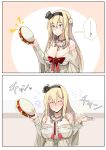  ... 1girl 2koma ? bare_shoulders blonde_hair blue_eyes blush braid breasts cleavage comic commentary_request corset crown dress eyebrows_visible_through_hair flower flying_sweatdrops french_braid hair_between_eyes hairband highres instrument jewelry kantai_collection large_breasts long_hair long_sleeves looking_at_viewer mini_crown necklace off-shoulder_dress off_shoulder red_flower red_ribbon red_rose ribbon rose ryuun_(stiil) simple_background smile solo spoken_ellipsis spoken_question_mark tambourine warspite_(kantai_collection) white_dress 