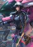  2girls animal_print arm_at_side bangs black_hair black_jacket blue_bodysuit bodysuit bunny_print closed_mouth commentary d.va_(overwatch) dirty_face gloves hat headphones headphones_around_neck highres holding holding_weapon holding_wrench jacket long_sleeves looking_at_viewer meka_(overwatch) multiple_girls overwatch partially_unzipped raikoart red_lips shaded_face smile solo_focus standing weapon white_gloves white_hat 