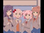  4girls 80s :d :t arms_behind_back blue_eyes blue_skirt bow brown_hair chocomiru commentary cowboy_shot crossed_arms doki_doki_literature_club english_commentary eyebrows_visible_through_hair eyes_visible_through_hair green_eyes grey_jacket hair_between_eyes hair_bow hair_ornament hair_ribbon hairclip hands_up jacket long_hair looking_at_viewer monika_(doki_doki_literature_club) multiple_girls natsuki_(doki_doki_literature_club) oldschool open_mouth orange_vest pillarboxed pink_eyes pink_hair ponytail pout purple_hair red_bow red_ribbon ribbon sayori_(doki_doki_literature_club) school_uniform shirt short_hair skirt smile two_side_up violet_eyes white_ribbon white_shirt yuri_(doki_doki_literature_club) 