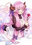  1girl aki663 apron blue_eyes blush bow braid breasts cleavage cleavage_cutout frilled_apron frills granblue_fantasy hair_bow hair_ornament hair_over_one_eye heart holding horn_bow kneeling large_breasts long_hair looking_at_viewer narmaya_(granblue_fantasy) pink_hair pointy_ears ribbed_sweater solo sweater turtleneck turtleneck_sweater whisk 