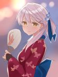  1girl animal_print butterfly_print closed_mouth fan fire_emblem fire_emblem:_akatsuki_no_megami fire_emblem_heroes flower from_side hair_flower hair_ornament highres holding holding_fan japanese_clothes kimono long_hair looking_to_the_side micaiah red_kimono shiyo_yoyoyo silver_hair smile solo yellow_eyes yukata 