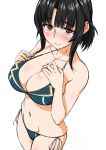  1girl bangs bikini black_hair blue_nails blunt_bangs breasts cleavage collarbone cowboy_shot from_above hands_on_own_chest highres kantai_collection koutarou_(plusdrive) large_breasts nail_polish navel pursed_lips red_eyes short_hair side-tie_bikini sidelocks solo standing swimsuit takao_(kantai_collection) white_background 