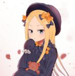  1girl :o abigail_williams_(fate/grand_order) bangs black_bow black_dress black_hat blonde_hair blue_eyes blurry blurry_background blush bow bug butterfly depth_of_field dress eyebrows_visible_through_hair fate/grand_order fate_(series) forehead hair_bow hand_up hat insect kubong long_hair long_sleeves looking_at_viewer object_hug orange_bow parted_bangs parted_lips petals polka_dot polka_dot_bow sleeves_past_fingers sleeves_past_wrists solo stuffed_animal stuffed_toy teddy_bear very_long_hair 