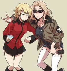  2girls black_skirt black_tank_top blonde_hair bomber_jacket braid closed_eyes coke_bottle darjeeling demon_horns denim denim_shorts dog_tags french_braid girls_und_panzer hair_intakes horns jacket kay_(girls_und_panzer) knees_together multiple_girls ree_(re-19) saunders_school_uniform shorts skirt st._gloriana&#039;s_military_uniform sunglasses tan_background tank_top thigh-highs white_legwear 