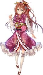  1girl brown_hair full_body hair_between_eyes hair_ornament iwamura_(oshiro_project) japanese_clothes kimono kneehighs looking_at_viewer official_art oshiro_project oshiro_project_re ponytail purple_kimono sandals smile solo taicho128 transparent_background white_legwear yellow_eyes 