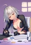  1girl bikini black_bikini black_gloves black_jacket closed_eyes cropped_jacket drooling fate/grand_order fate_(series) gloves hmk84 jacket jeanne_d&#039;arc_(alter_swimsuit_berserker) jeanne_d&#039;arc_(fate)_(all) keyboard o-ring o-ring_top sitting sleeping stylus swimsuit tablet upper_body white_hair 