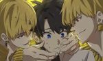  3boys blonde_hair blue_eyes bracelet brown_hair closed_mouth commentary_request dual_persona earrings embarrassed eyebrows_visible_through_hair fate/grand_order fate_(series) fujimaru_ritsuka_(male) gilgamesh gilgamesh_(caster)_(fate) hair_between_eyes hand_on_another&#039;s_face headpiece jewelry lock lock_earrings looking_down mi_(pic52pic) multiple_boys necklace padlock red_eyes smile sweatdrop yaoi 