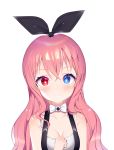  1girl blush bow breasts cleavage commission eyebrows_visible_through_hair face hair_ribbon heart heart-shaped_pupils heterochromia highres long_hair looking_at_viewer medium_breasts original pink_hair ribbon smile solo suspenders symbol-shaped_pupils tttanggvl upper_body white_background 