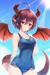  1girl ahoge arm_behind_back bandage bandaged_arm bandages bangs blue_sky blush breasts cleavage clouds collarbone commentary_request cowboy_shot day dragon_girl dragon_horns dragon_tail dragon_wings eyebrows_visible_through_hair granblue_fantasy grea_(shingeki_no_bahamut) hair_between_eyes hand_on_own_chest highres horns lens_flare looking_at_viewer medium_breasts one-piece_swimsuit outdoors pointy_ears purple_hair red_eyes school_swimsuit short_hair sky smile solo standing sunlight swimsuit tail tomo_(user_hes4085) wings 