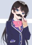  1girl black_hair blazer blue_eyes blush bow commentary_request fake_facial_hair fake_mustache grey_background hair_ornament hairclip highres hijiki_(hijikini) jacket long_hair navy_blue_jacket nijisanji pink_bow pink_neckwear solo sweater tsukino_mito very_long_hair virtual_youtuber 