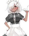  1girl :o apron black_dress blush breasts dark_skin dress hair_ornament hair_over_one_eye hairclip hand_on_hip hand_up holding large_breasts looking_at_viewer maid maid_apron maid_headdress malice_stella one_eye_covered original red_eyes short_hair short_sleeves simple_background solo standing tray white_apron white_background white_hair 