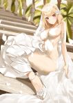  1girl azur_lane blonde_hair blurry blurry_background blush braid breasts cleavage covered_navel crown_braid depth_of_field dress eyebrows_visible_through_hair flower foreshortening full_body hair_flower hair_ornament high_heels highres large_breasts long_dress long_sleeves looking_at_viewer medium_hair parted_lips petals prince_of_wales_(azur_lane) red_eyes see-through sitting solo throtem veil white_dress 