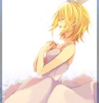  1girl akiyoshi_(tama-pete) bare_arms bare_shoulders blonde_hair closed_eyes crying dress dutch_angle facing_away floating_hair gradient gradient_background grey_background hair_ribbon hands_on_own_chest hands_together happy kagamine_rin light_smile open_mouth profile ribbon short_hair simple_background sleeveless sleeveless_dress solo striped striped_background tears transparent_background upper_body vertical-striped_background vertical_stripes vocaloid white_background white_dress 