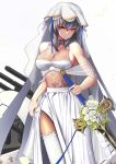  1girl azur_lane bangs blue_ribbon bouquet breasts bridal_veil cannon closed_mouth cowboy_shot dress flower gradient gradient_background grey_hair hair_between_eyes hair_ornament head_tilt highres holding holding_sword holding_weapon itaco1987 lace lace-trimmed_thighhighs large_breasts long_hair looking_at_viewer machinery mole mole_under_eye petals red_eyes ribbon rigging rose saint-louis_(azur_lane) see-through shawl sideboob sidelocks simple_background skindentation smile solo sword thigh-highs transparent turret veil weapon wedding_dress white_dress white_flower white_legwear white_rose 