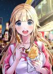  1girl :d blonde_hair blue_eyes blurry blurry_background blush breasts eating eyebrows_visible_through_hair food food_request jewelry large_breasts long_hair looking_at_viewer necklace night open_mouth original outdoors pendant shirt sign skewer smile solo upper_body white_shirt yukihiro_(kimizora) 
