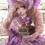  1girl bonnet brown_hair bug butterfly chino_machiko doll dress floral_print flower glasses holding insect long_hair long_sleeves looking_at_viewer mouth_hold original purple_dress purple_flower purple_rose rose round_eyewear sitting smile solo upper_body violet_eyes wide_sleeves 