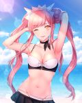  1girl ;) armpits arms_up beach bikini black_choker black_skirt breasts choker clouds day fate/grand_order fate_(series) ground hairband highres long_hair looking_at_viewer medb_(fate)_(all) medb_(swimsuit_saber)_(fate) medium_breasts moe_(hamhamham) navel ocean one_eye_closed outdoors pink_hair skirt smile standing swimsuit twintails white_bikini yellow_eyes 