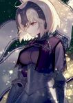  1girl ahoge ainy77 armor armored_dress bangs banner black_dress blonde_hair breasts cape chains closed_mouth commentary_request dress eyebrows_visible_through_hair fate/grand_order fate_(series) gauntlets gloves headpiece highres holding jeanne_d&#039;arc_(alter)_(fate) jeanne_d&#039;arc_(fate)_(all) large_breasts light_particles sad silver_hair solo yellow_eyes 