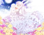  1girl animal_ears azur_lane bangs bare_shoulders blurry blurry_foreground blush bouquet breasts closed_eyes clouds cloudy_sky collarbone commentary_request depth_of_field dress elbow_gloves eyebrows_visible_through_hair flower full_moon fuuna_thise gloves holding holding_bouquet laffey_(azur_lane) leaning_back long_hair moon night night_sky outdoors pleated_dress profile purple_flower rabbit_ears rose silver_hair sky small_breasts solo standing star_(sky) starry_sky strapless strapless_dress twintails very_long_hair white_dress white_flower white_gloves white_rose yellow_flower 