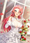  1girl :d absurdres asymmetrical_bangs azur_lane bangs blue_eyes blush breasts bridal_veil bride cleavage colored_eyelashes crown dress duke_of_york_(azur_lane) dutch_angle earrings elbow_gloves eyes_visible_through_hair fangs flower forehead frilled_dress frills gem glint gloves hand_on_hilt highres holding holding_sword holding_weapon indoors jai_(whany1998) jewelry large_breasts layered_dress lens_flare_abuse lips long_hair motion_blur open_mouth outstretched_hand petals plant pointy_ears red_flower red_rose redhead rose rose_petals see-through shiny shiny_hair sleeveless sleeveless_dress smile solo straight_hair sword upper_body upper_teeth veil very_long_hair vines weapon wedding_dress white_dress white_flower white_gloves white_rose window 