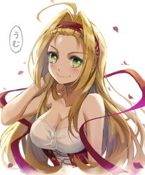  1girl ahoge alternate_hairstyle bangs_pinned_back bare_shoulders blue_eyes blush breasts bustier cleavage closed_mouth commentary dekopin english_commentary fate/extra fate_(series) forehead green_eyes hair_down hair_intakes hand_in_hair hand_up headband highres large_breasts long_hair looking_at_viewer nero_claudius_(fate) nero_claudius_(fate)_(all) petals red_string rose_petals simple_background smile solo string tonee upper_body very_long_hair white_background 