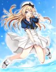  1girl ;d black_neckwear blonde_hair blue_eyes blue_sailor_collar dress eriyama_(user_csua4255) full_body gloves hat highres jervis_(kantai_collection) kantai_collection long_hair looking_at_viewer mary_janes neckerchief one_eye_closed open_mouth sailor_collar sailor_dress sailor_hat shoes short_sleeves smile solo white_gloves white_hat 