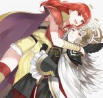  2girls armor aym_(ash3ash3ash) cape celica_(fire_emblem) crown dress fire_emblem fire_emblem_gaiden fire_emblem_heroes gloves grey_hair hair_ornament highres hug long_hair looking_at_viewer multiple_girls open_mouth red_eyes redhead short_hair simple_background smile thigh-highs veronica_(fire_emblem) weapon 