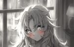  1girl bangs blush closed_mouth copyright_request curtains eyebrows_visible_through_hair greyscale indoors lamp long_hair looking_at_viewer monochrome parted_bangs rain solo spot_color tonee window 