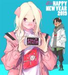  1boy 1girl 2019 akeome animal_ears bangs black_pants blonde_hair blue_background chinese_zodiac coat commentary commentary_request english_commentary grey_hoodie hands_in_pockets happy_new_year holding hood hood_down hoodie long_sleeves looking_at_viewer mask new_year open_clothes open_coat original pants parted_bangs pig_ears pig_mask pink_coat pop_kyun pouch shirt simple_background standing violet_eyes white_coat white_shirt year_of_the_pig 