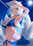  1girl :o alternate_costume animal_ears arm_up armpits azur_lane bangs bikini blue_bikini blue_eyes blue_sarong blue_sky blush breasts cleavage commentary_request day eyebrows_visible_through_hair fox_ears fox_tail front-tie_top groin highleg highleg_bikini kaga_(azur_lane) large_breasts looking_at_viewer mask multiple_tails navel opanchu_(hakusen) open_mouth outdoors sarong short_hair sidelocks sky solo stomach sun sunlight swimsuit tail tsurime white_hair 